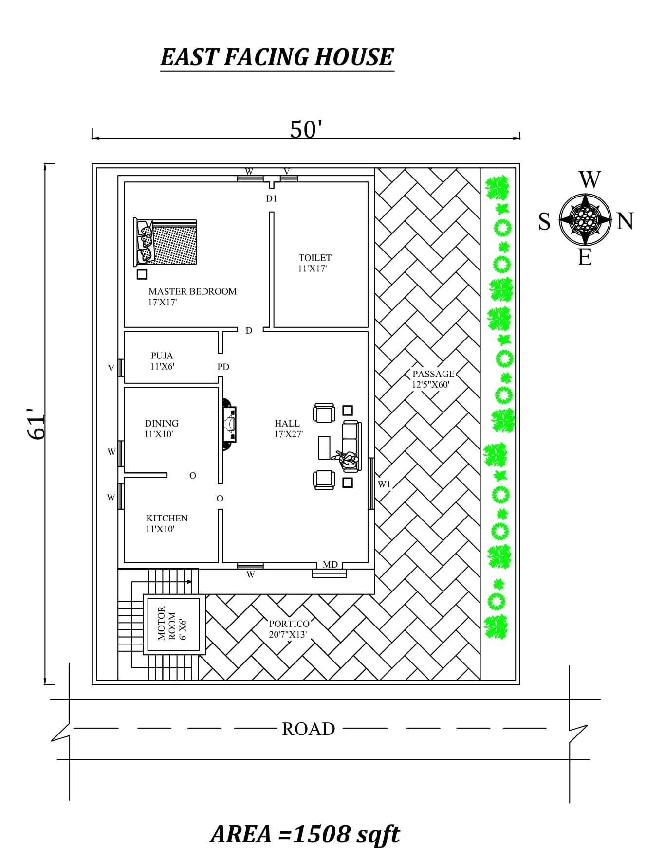 X Single Bhk East Facing House Plan As Per Vastu Shastra Autocad Dwg And Pdf File Details