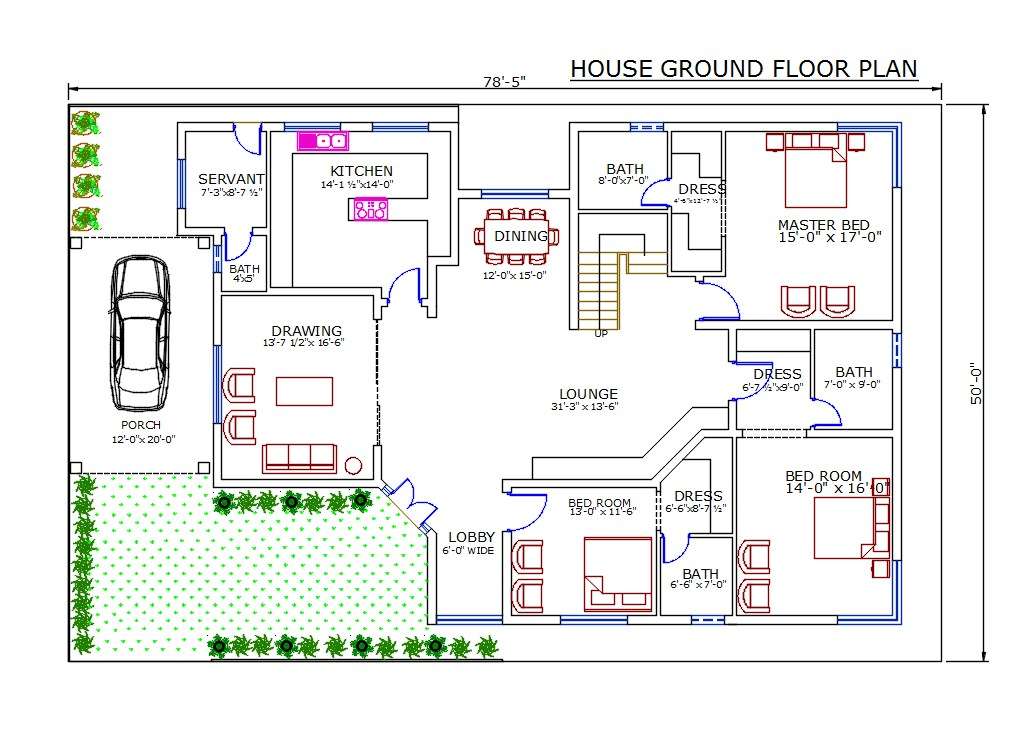 50 X 78 House Ground Floor Plan With Furniture Drawing Dwg File Cadbull