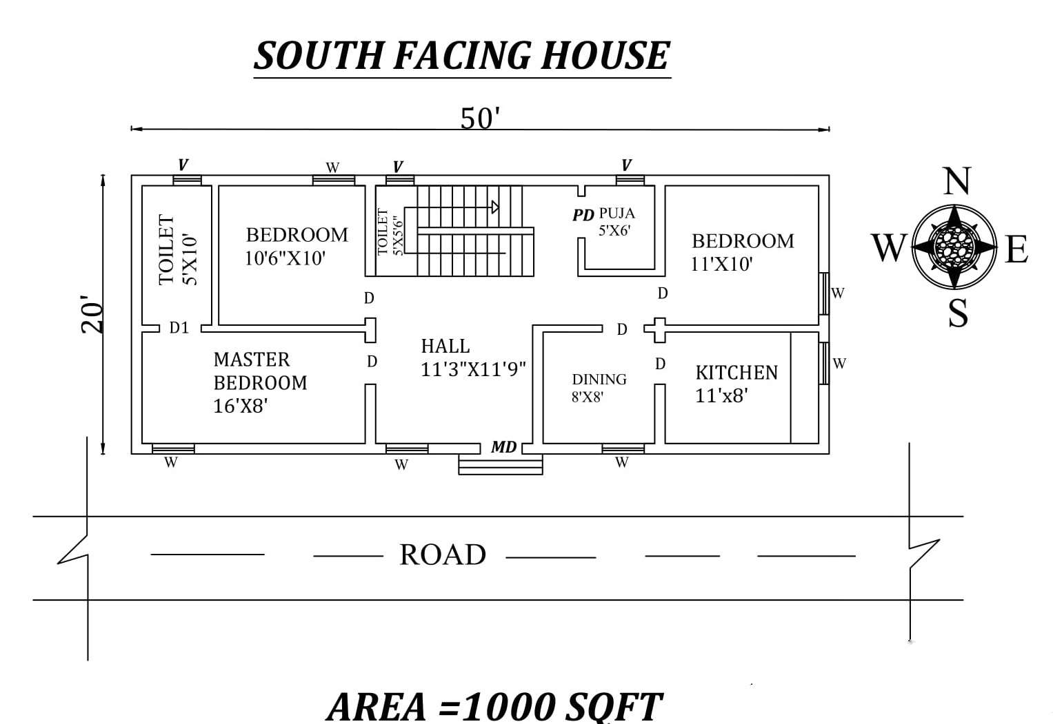 50 x20 3BHK  South Facing House  Plan  As Per Vastu Shatra 