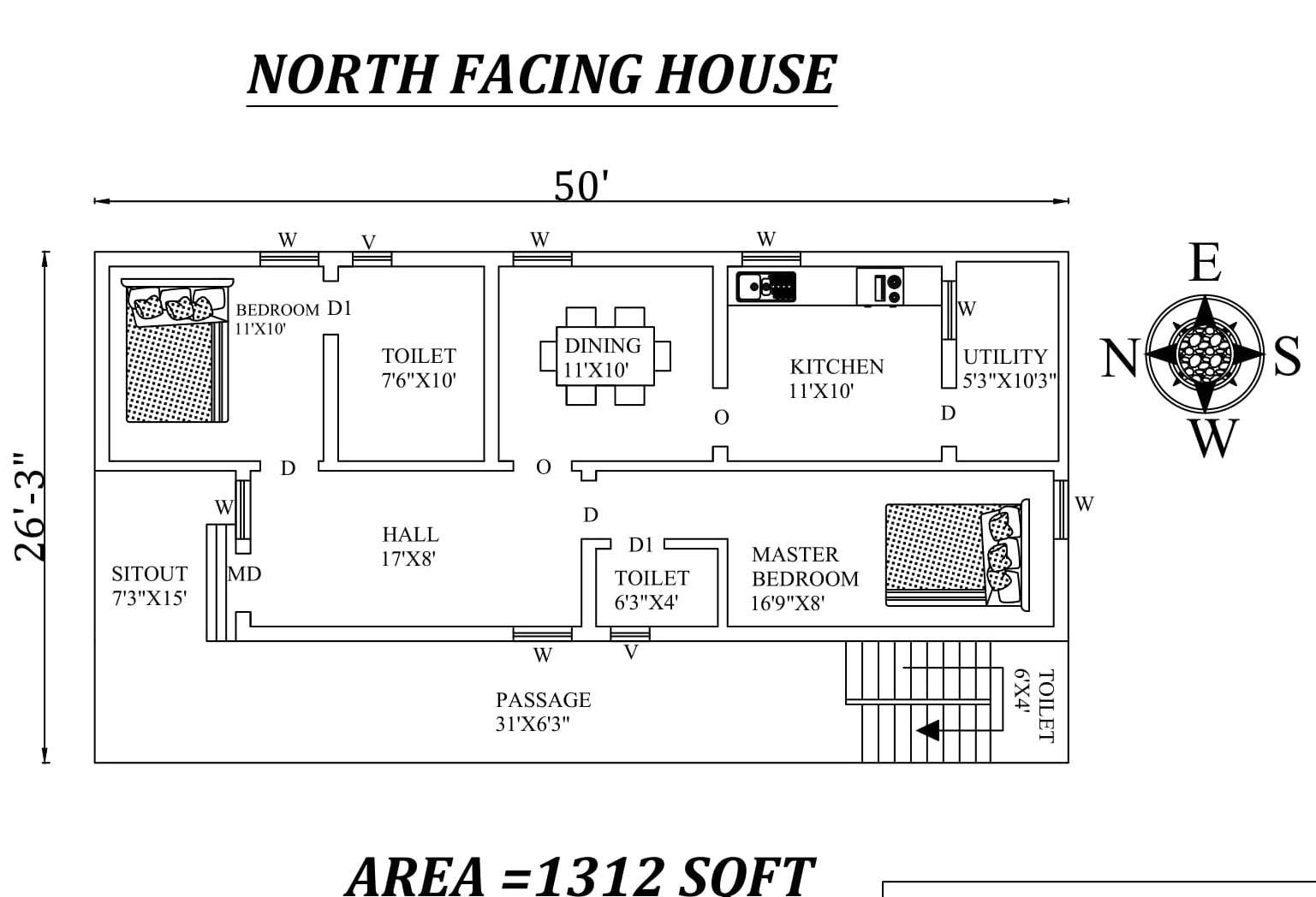 50 X26 3 2bhk North Facing House Plan As Per Vastu Shastra Autocad Dwg File Details Cadbull