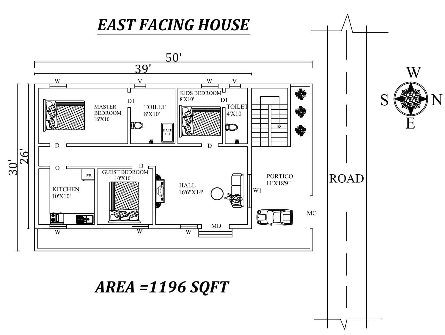 50 x30 Furnished 3BHK East  facing  House  Plan  As Per Vastu 