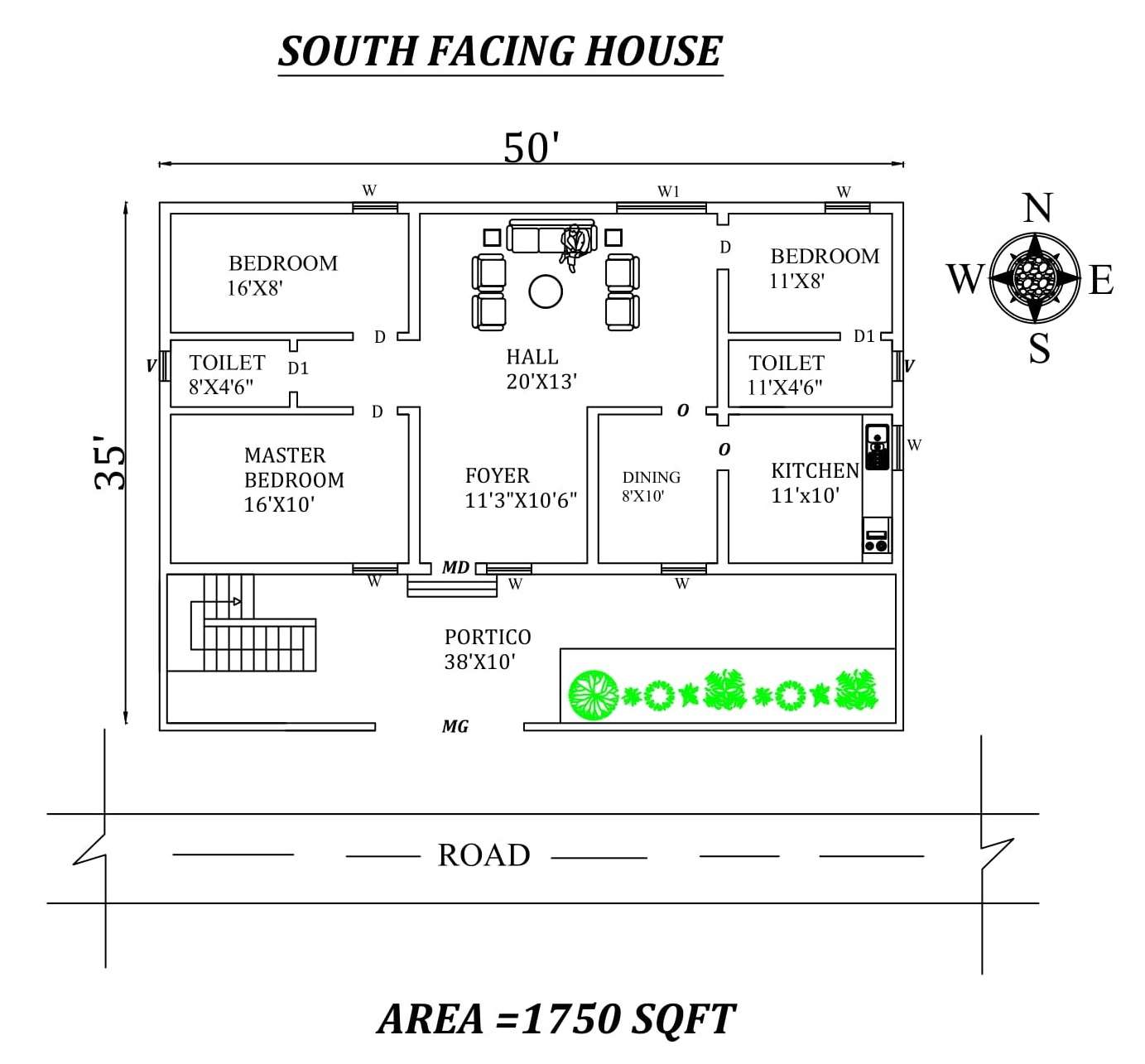 50 X35 South Facing 3bhk House Plan As Per Vastu Shastra Autocad Drawing File Details Cadbull