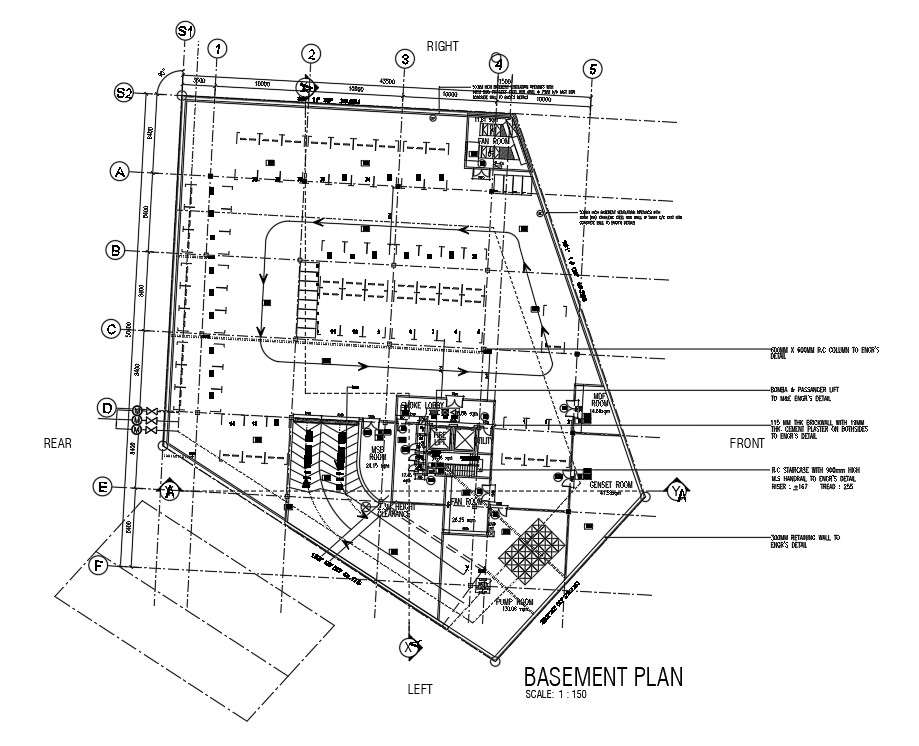 50x43m commercial shop basement plan is given in this Autocad drawing ...