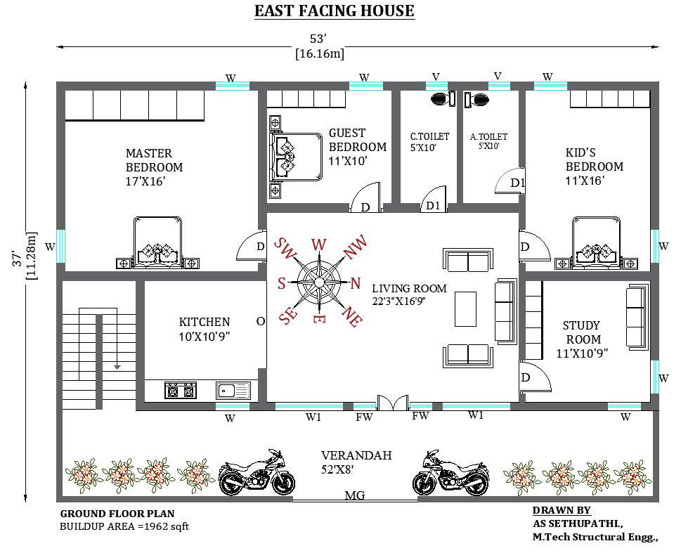 53 x37 East facing 3bhk house design cad drawing file free. Download