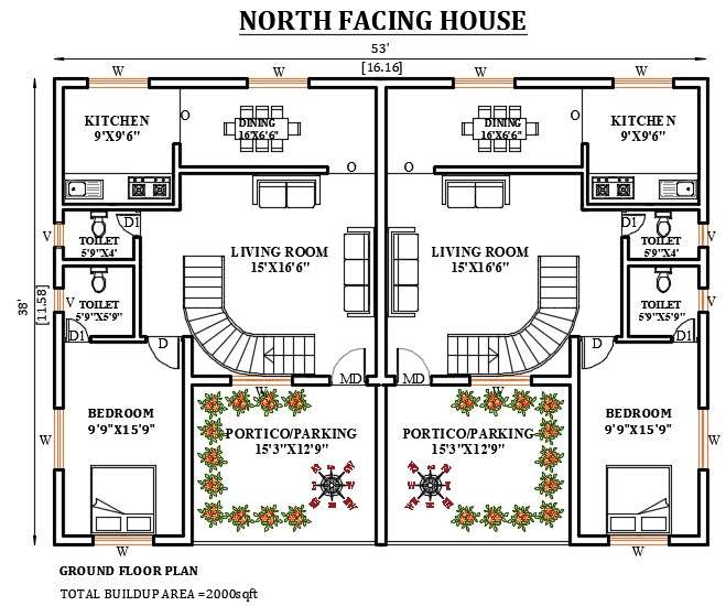 53’x38’ north facing house plan is given in this Autocad