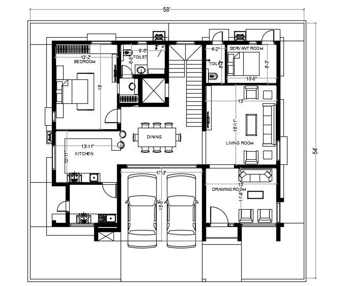 54'X58' House Ground Floor Plan AutoCAD Drawing DWG File - Cadbull