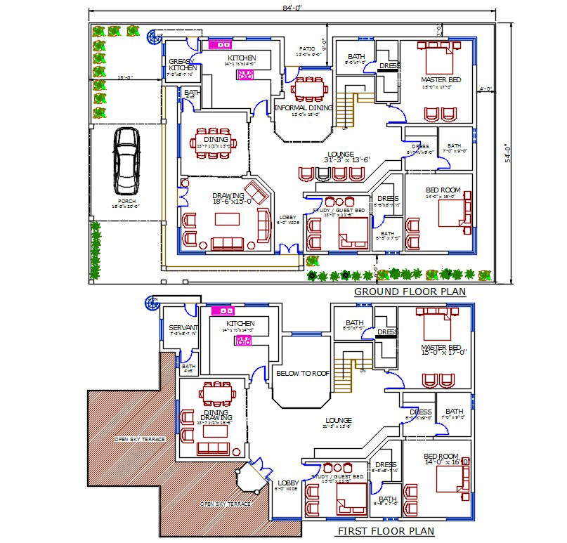 54x84 House Ground Floor And First Floor Plan With Furniture Layout Drawing Dwg File Cadbull