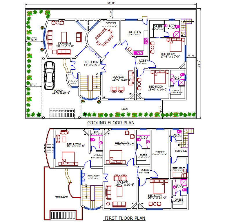 54x84 House Ground Floor And First Floor Plan With Interior Furniture Drawing Dwg File Cadbull