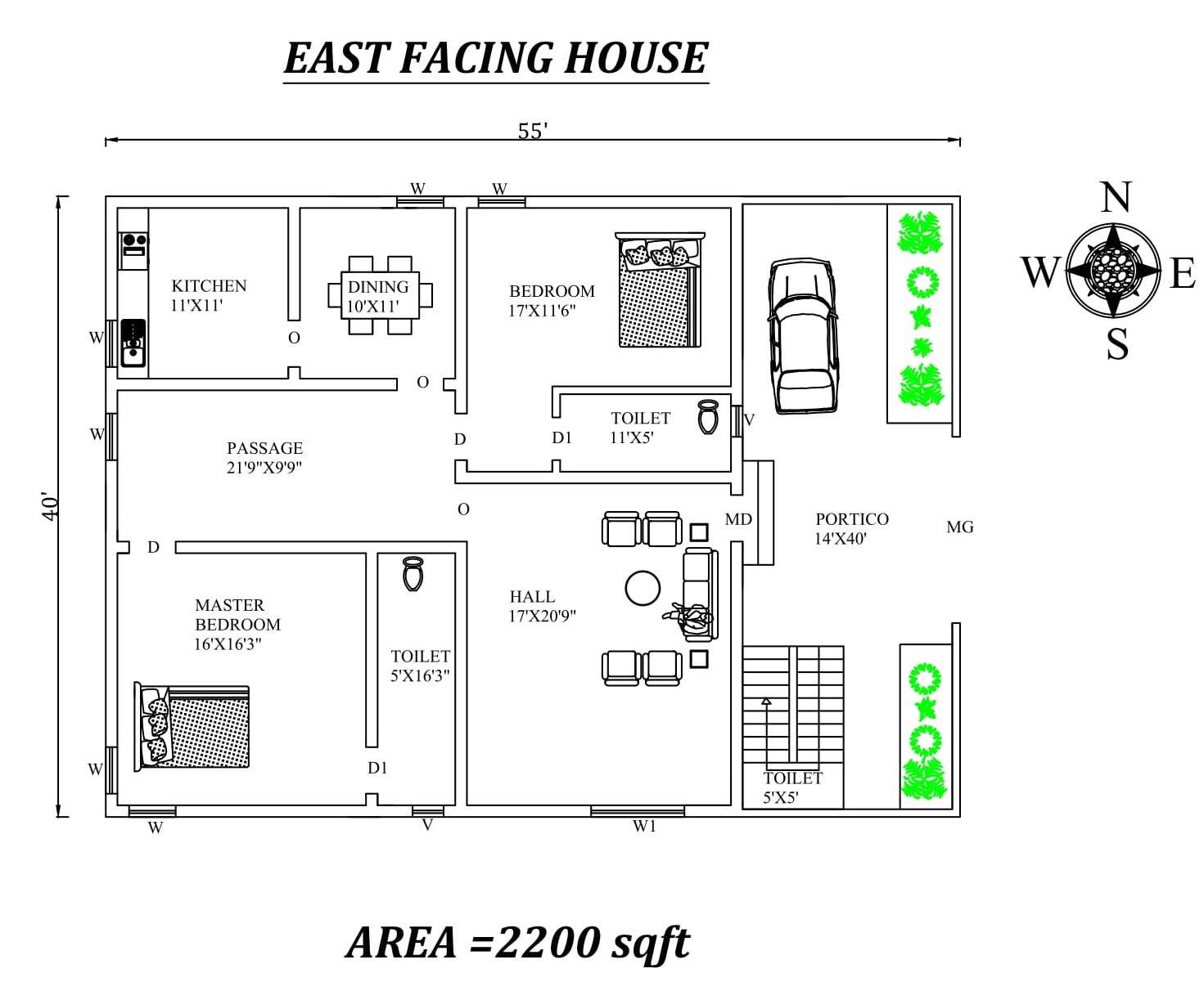 55 X40 The Perfect Furnished 2bhk East  facing  House  Plan 