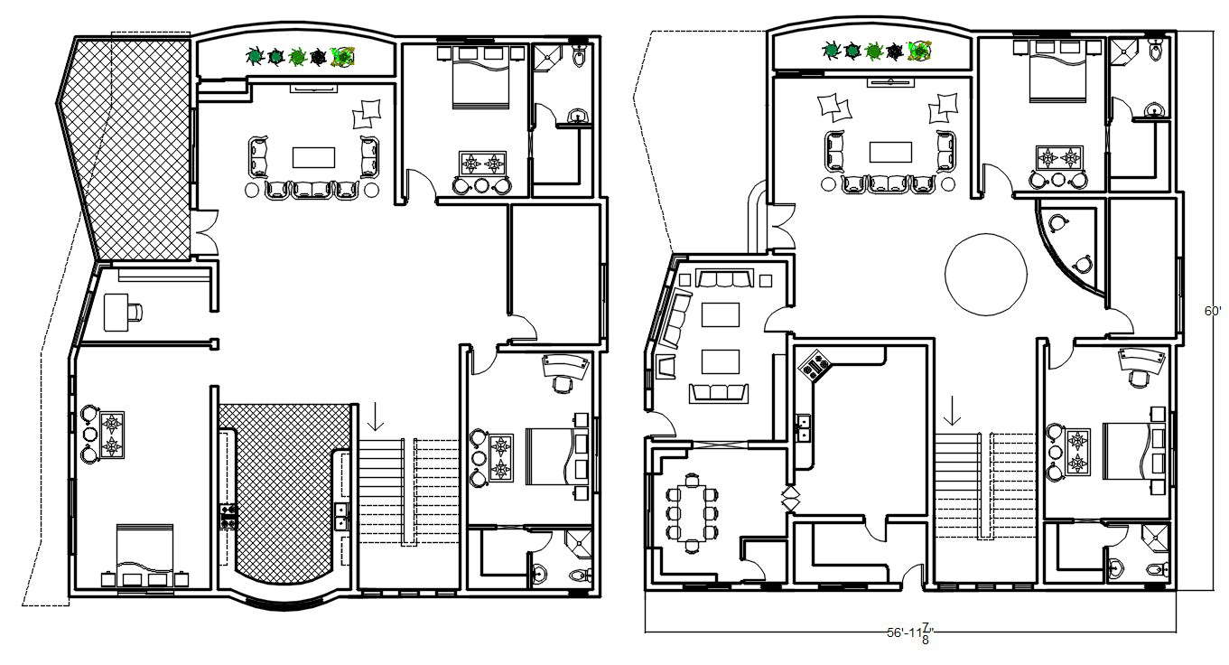 56' X 60' Architecture Bungalow Furniture Layout Plan AutoCAD File ...