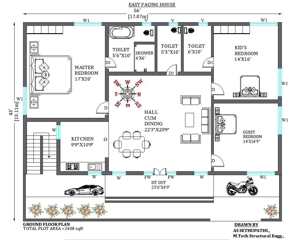 3bhk House Plan Cad File Free Download