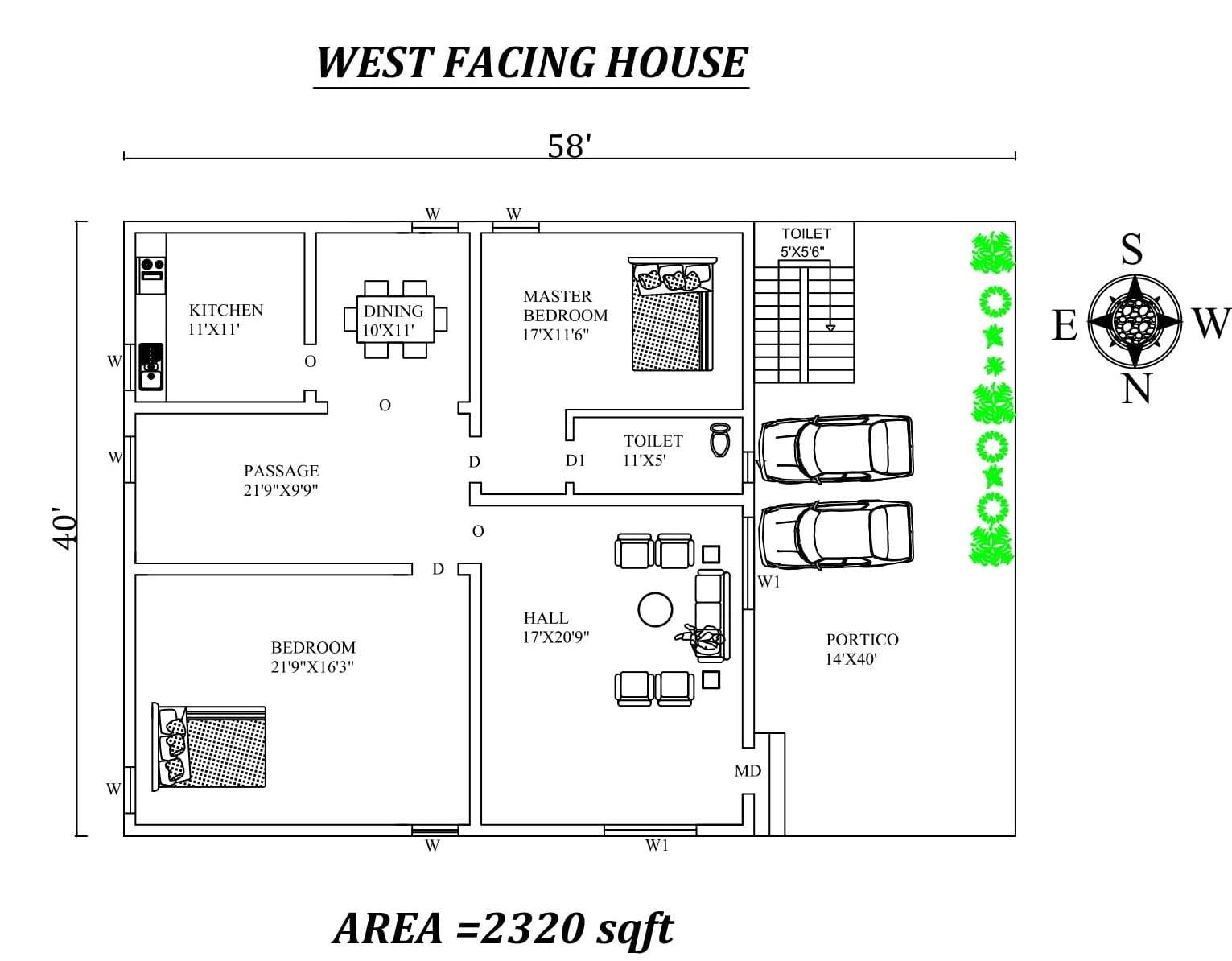 58'x40' 2 BHK west facing house plan as per vastu shatra