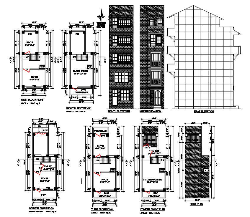 5 Storey House Building Plan And Elevation Drawing Dwg File Cadbull