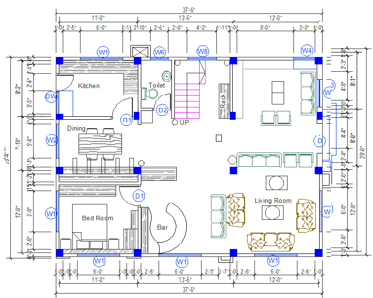 Simple house ground floor design cad drawing is given in this cad file