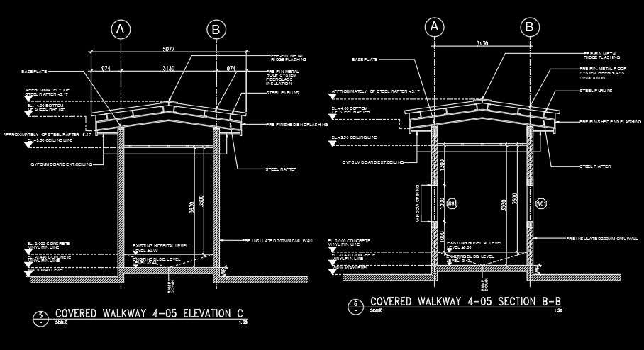 5m length of the covered walkway elevation and section drawing