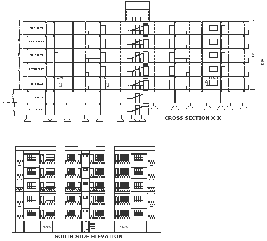 5 storey apartment section and elevation detail DWG autoCAD drawing ...