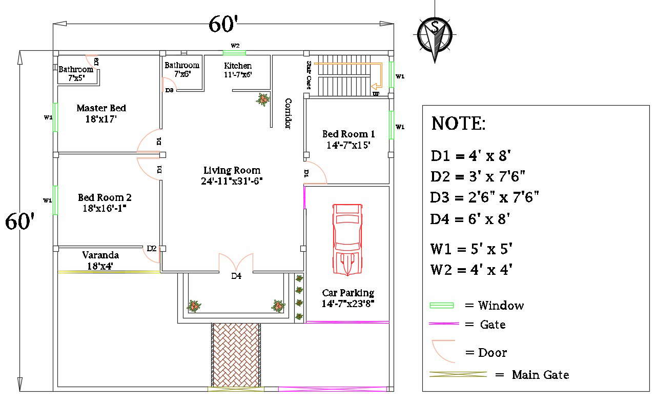 60 X 60 House Plan Cad File Cadbull