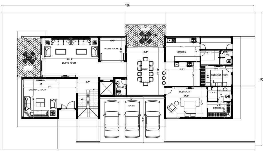 6000 Square Feet House Ground Floor Plan With Furniture Layout DWG File Cadbull