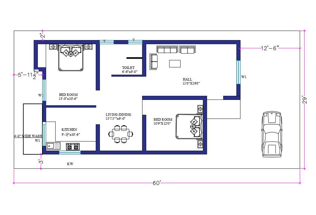 60X30 Ft House Layout Plan AutoCAD Drawing DWG File Cadbull