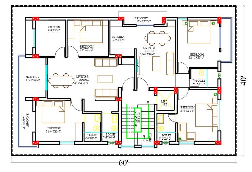 60X40 FT Apartment 2 BHK House Layout Plan CAD Drawing DWG