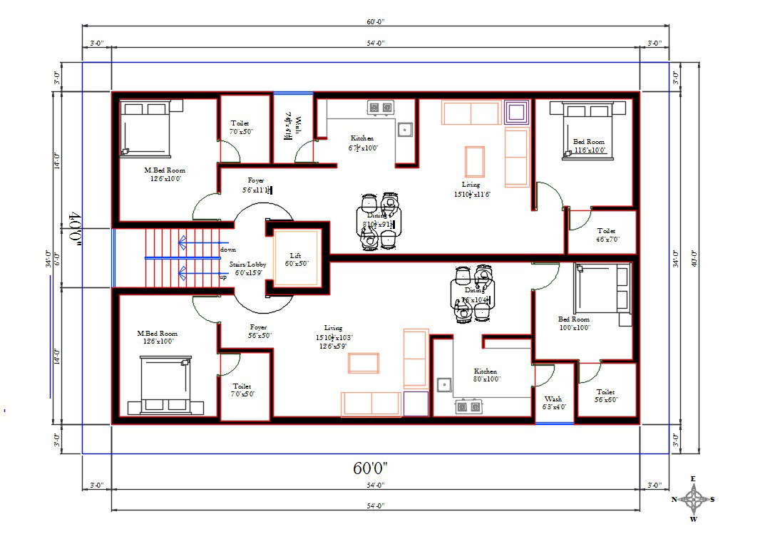 60x40 House Apartment Layout Plan Cad Drawing Dwg File Cadbull