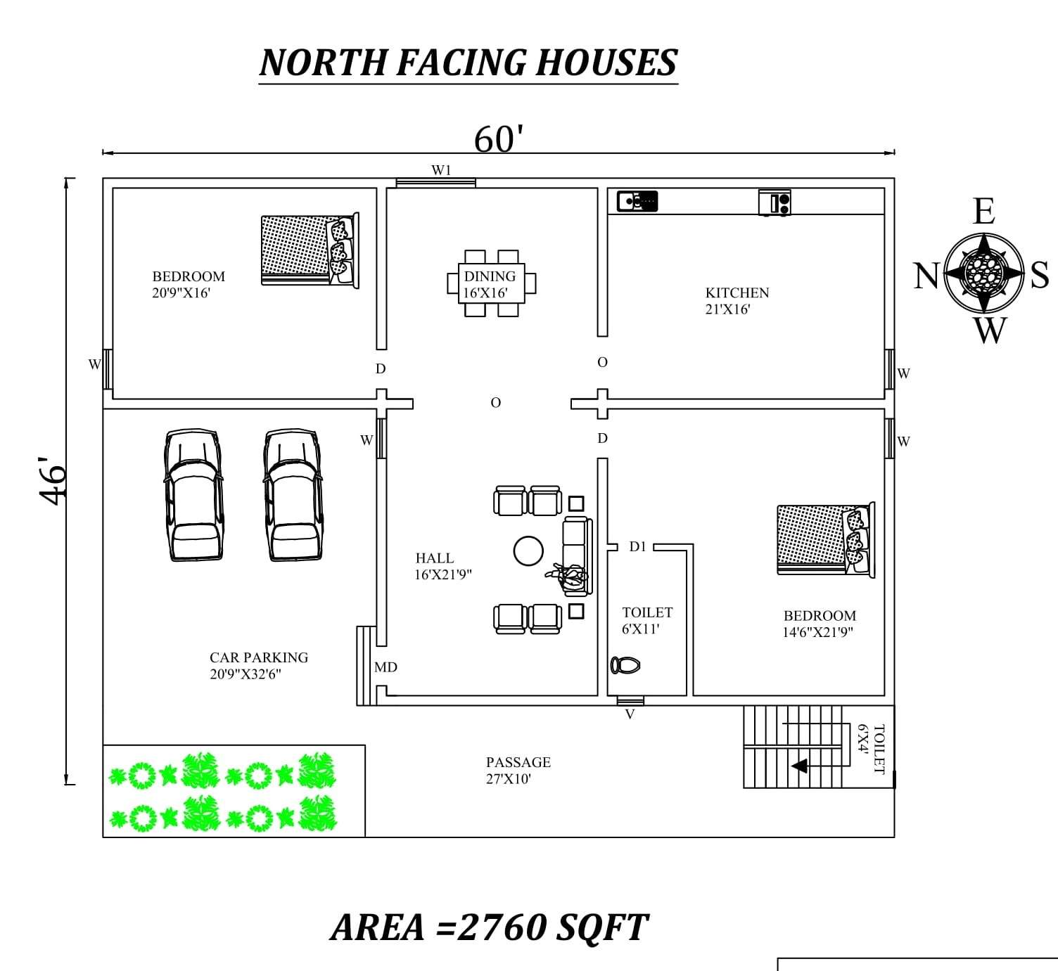 60 X46 Amazing North Facing 2bhk House Plan As Per Vastu Shastra Autocad Dwg And Pdf File Details Cadbull