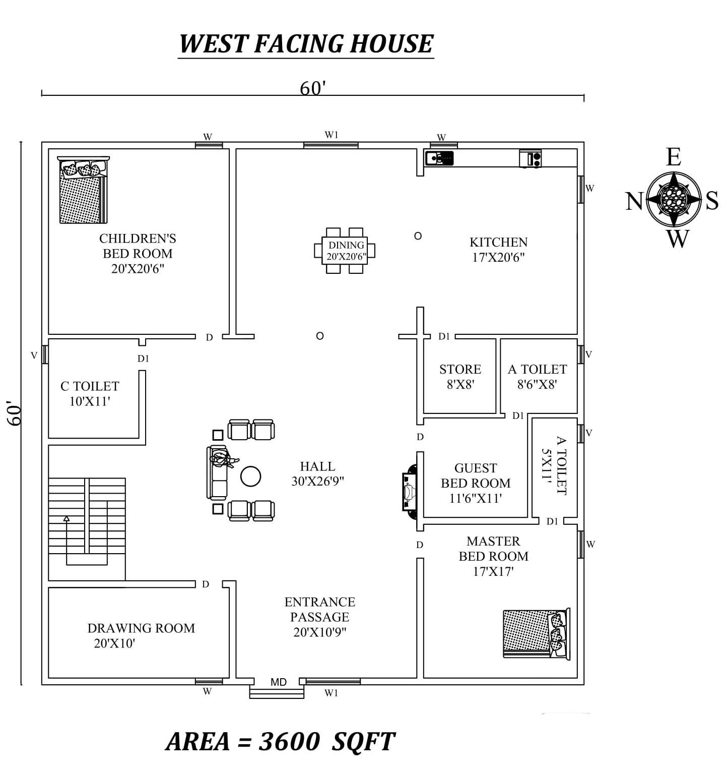 60'X 60' spacious 3bhk West facing House Plan As Per Vastu Shastra