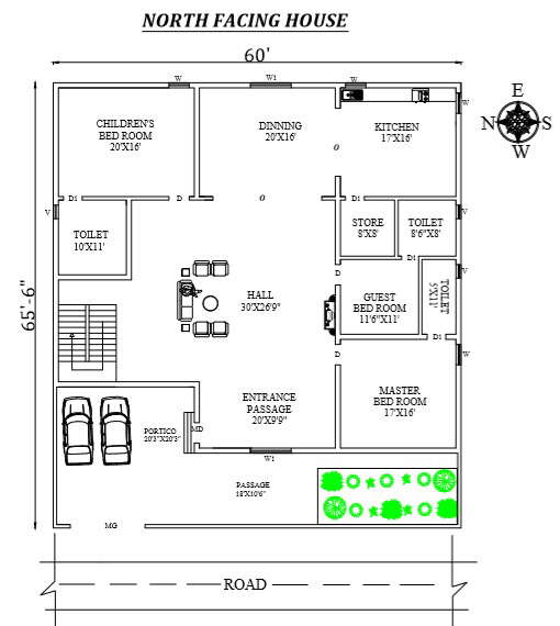 60x65 Feet Spacious 3bhk North Facing House Plan Autocad File Cadbull