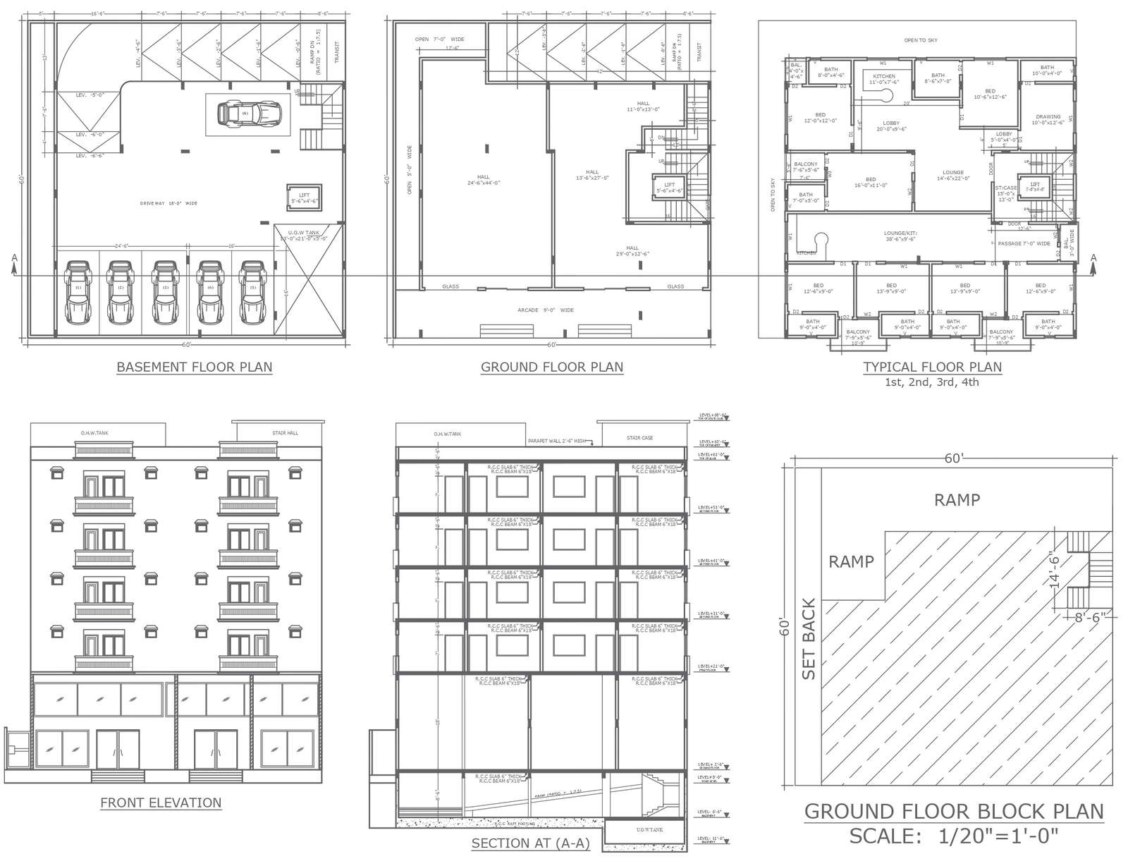 60ft X 60ft plot size, four floor hotel detailed plan, elevation and ...