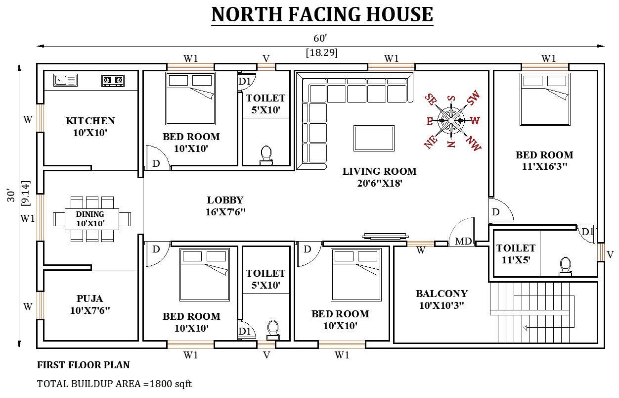 60’x30’ north facing house plan is given in this Autocad drawing file ...