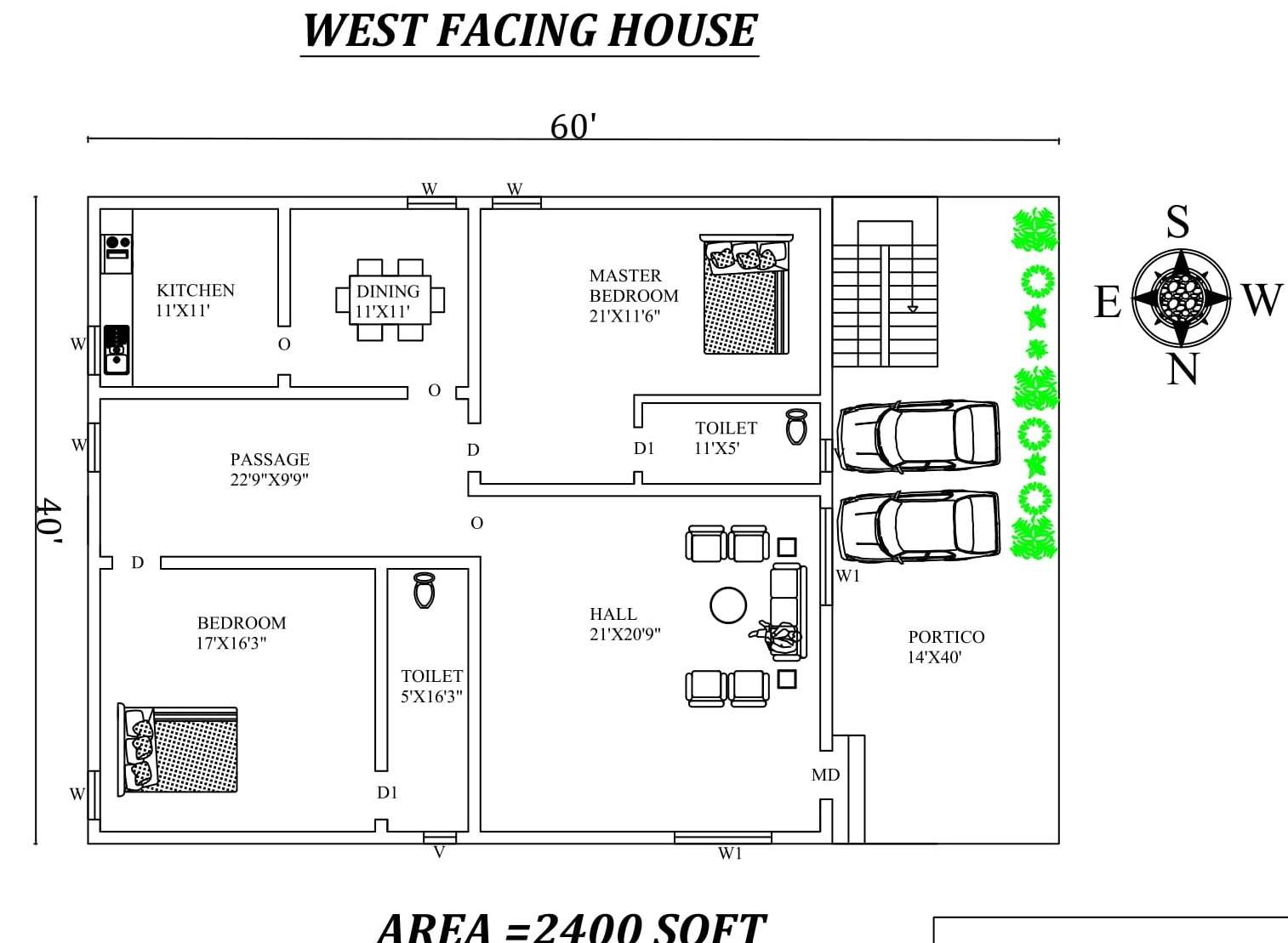 60 x40 Marvelous 2bhk West  facing  House  Plan  As Per Vastu 