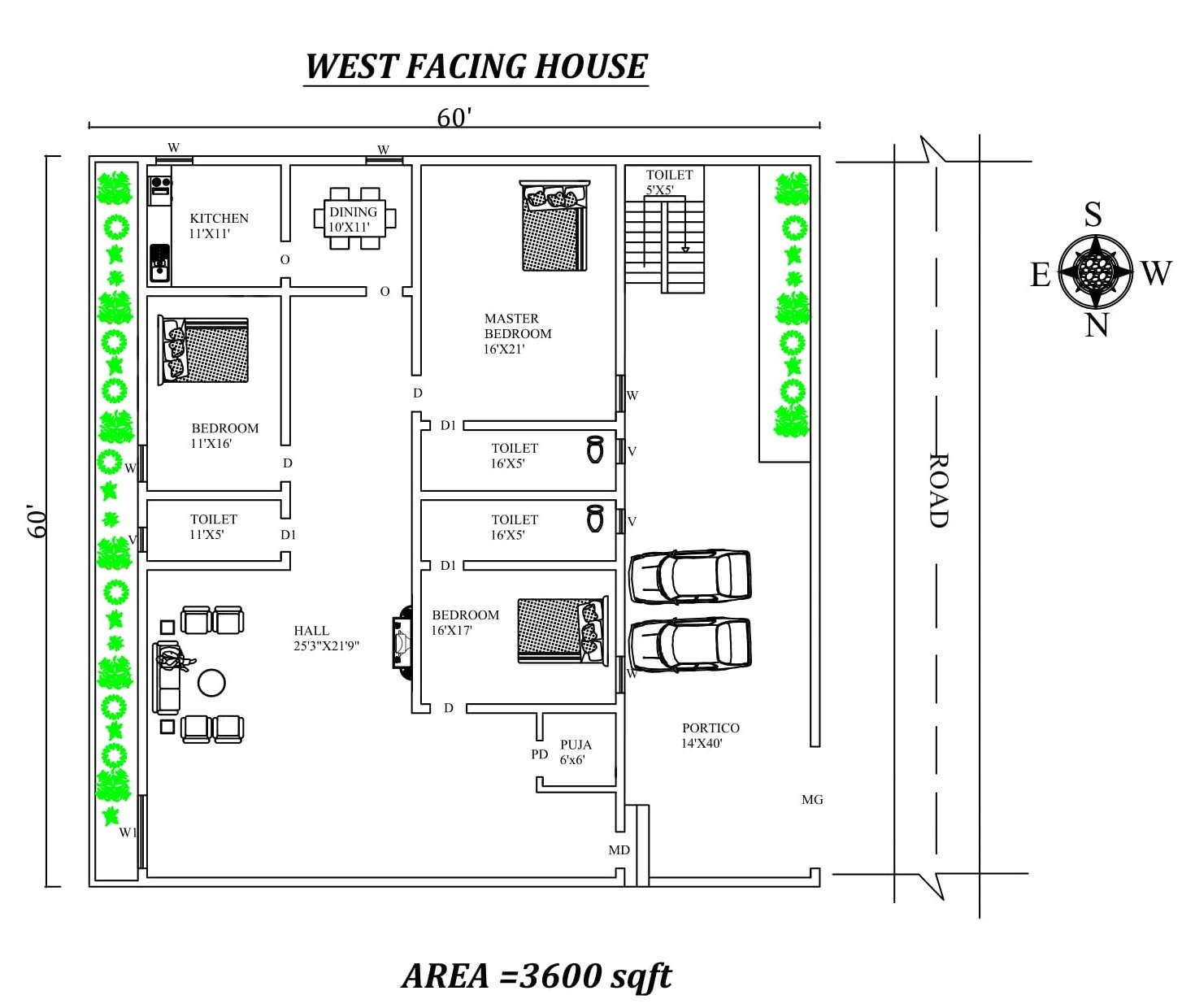 60 X60 Furnished 3bhk West Facing House Plan As Per Vastu Shastra Autocad Dwg File Details Cadbull