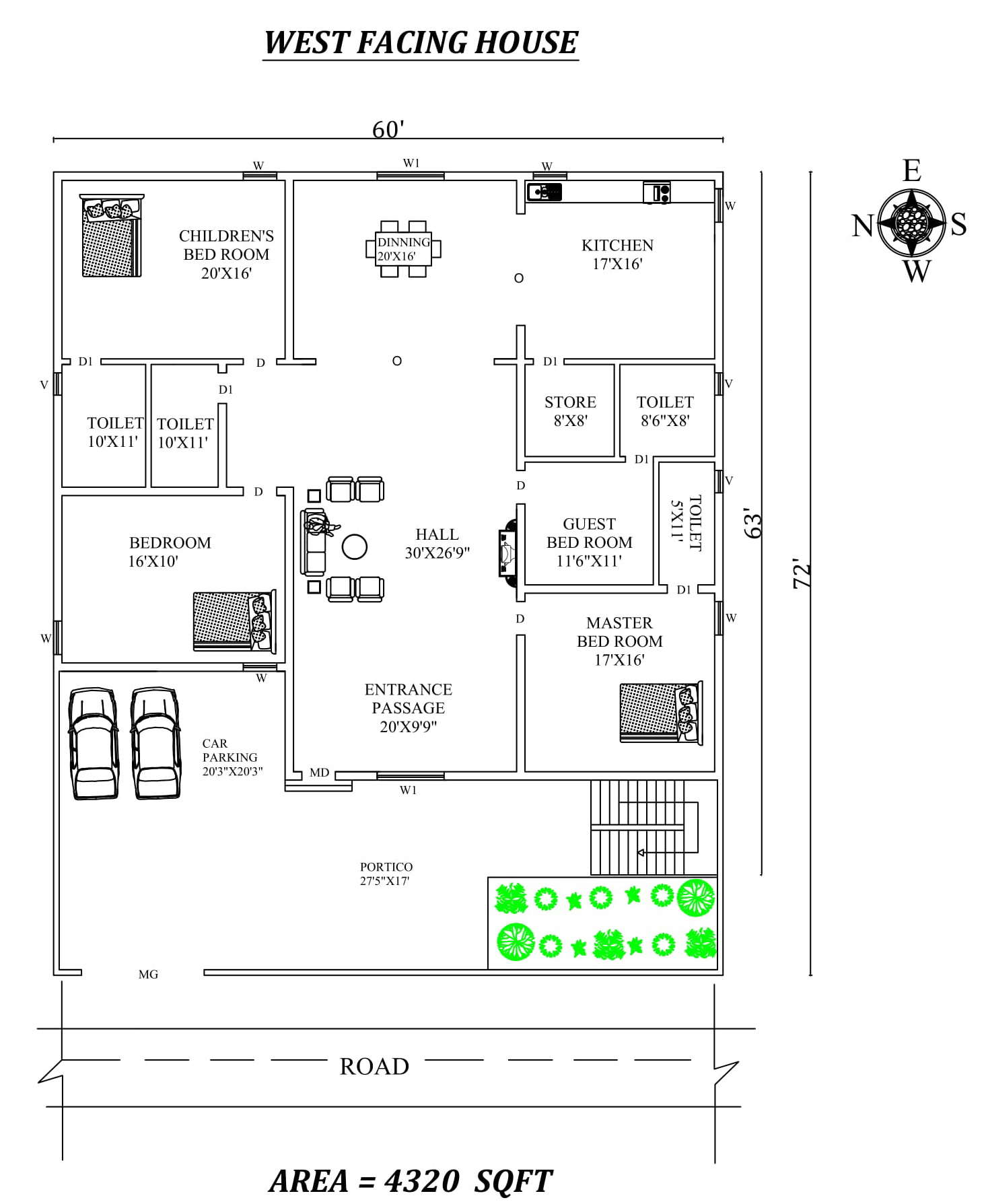 60 X 72 Spacious 3 Bhk West Facing House Plan As Per Vastu Shastra Autocad Dwg And Pdf File Details Cadbull