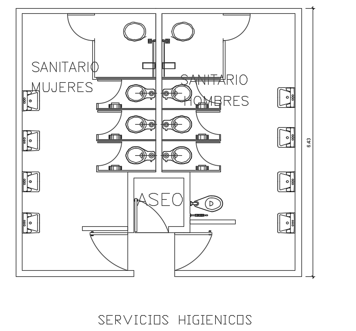 6850x6430mm hospital common bathroom plan - Cadbull