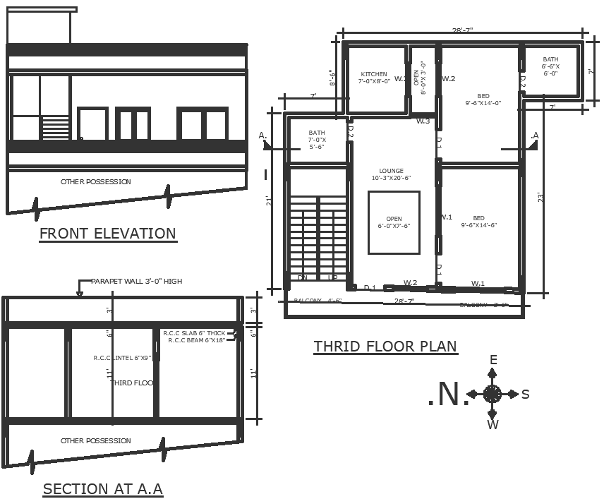 6ft X 7.5ft courtyard design in 2bhk house detailed plan section and ...