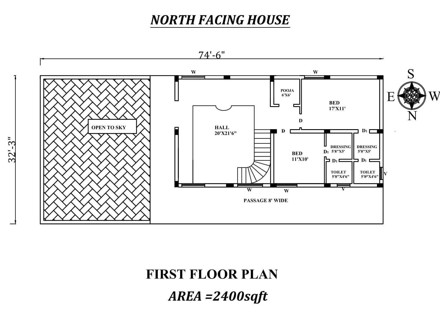 74x32 2bhk First Floor House Plan Autocad File Download Now Cadbull