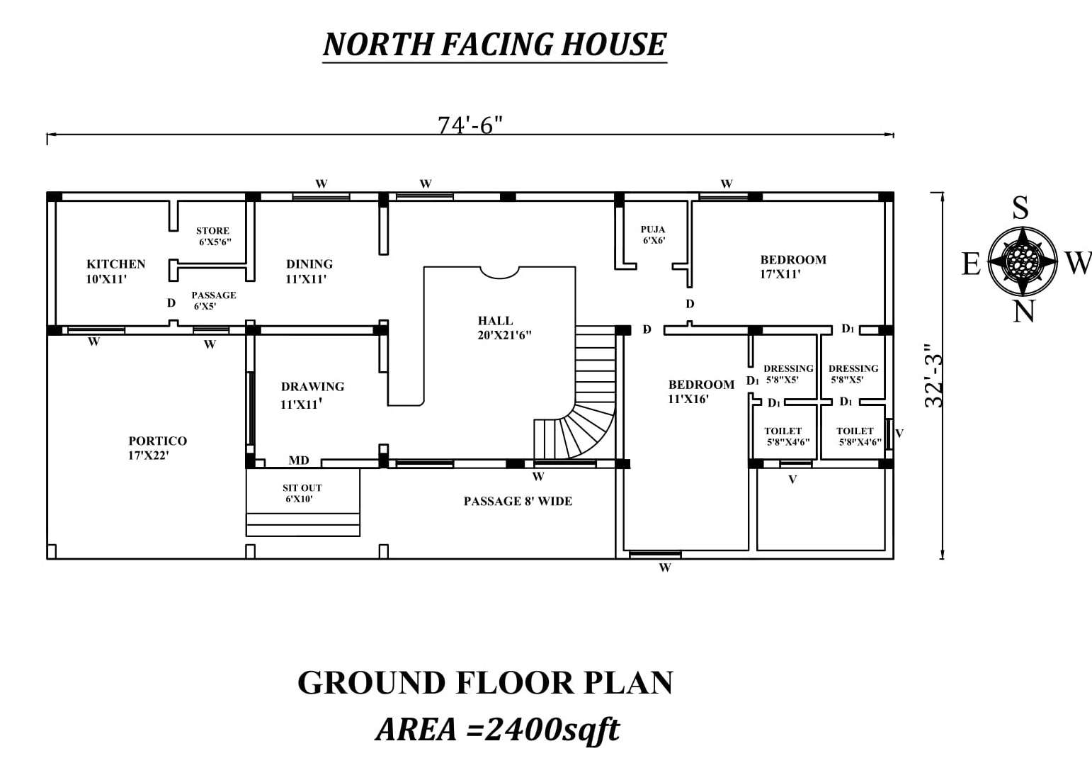 74'x32' 2bhk North facing Ground floor House Plan As Per