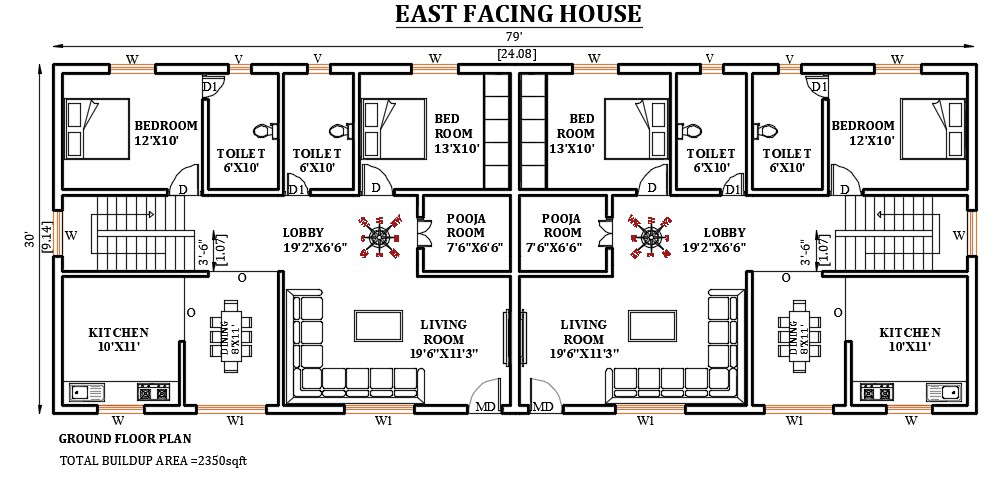 79’x30’ east facing house plan is given in this Autocad drawing file ...