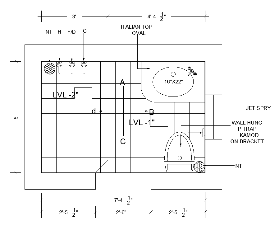 7’x5’ bathroom plan is given in this AutoCAD drawing model.Download now ...