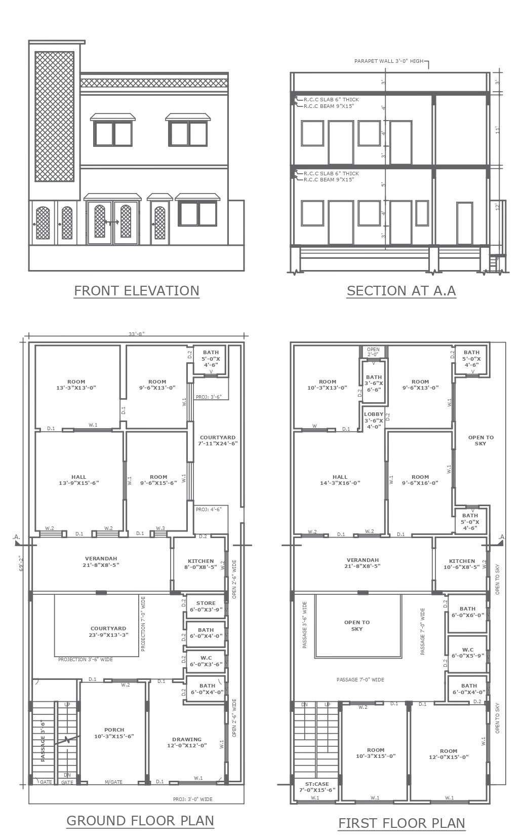 8 bhk two storey bungalow with 24ft X 13ft courtyard plan section and ...