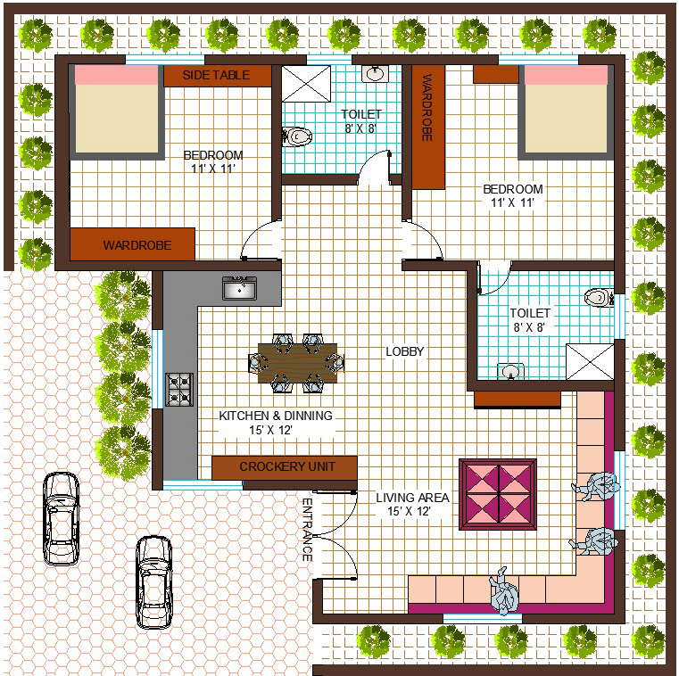 900 Square Feet 2 BHK Contemporary Style Single Floor House Plan. - Cadbull