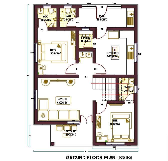 950 Sq Ft House Ground Floor Plan Dwg, 950 Sq Feet House Plans
