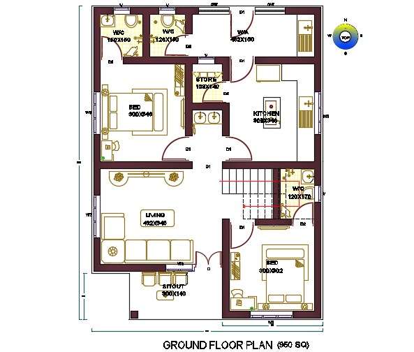 950 Sq Ft House Plan East Facing Direction AutoCAD File