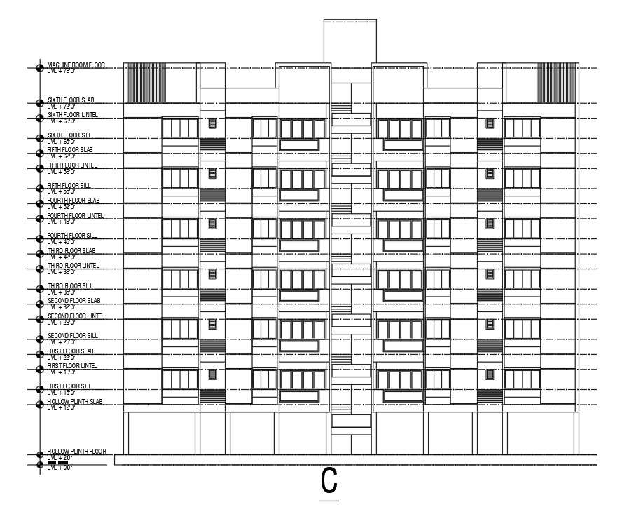 A cut section view of 155’x125’ apartment building is given in this ...