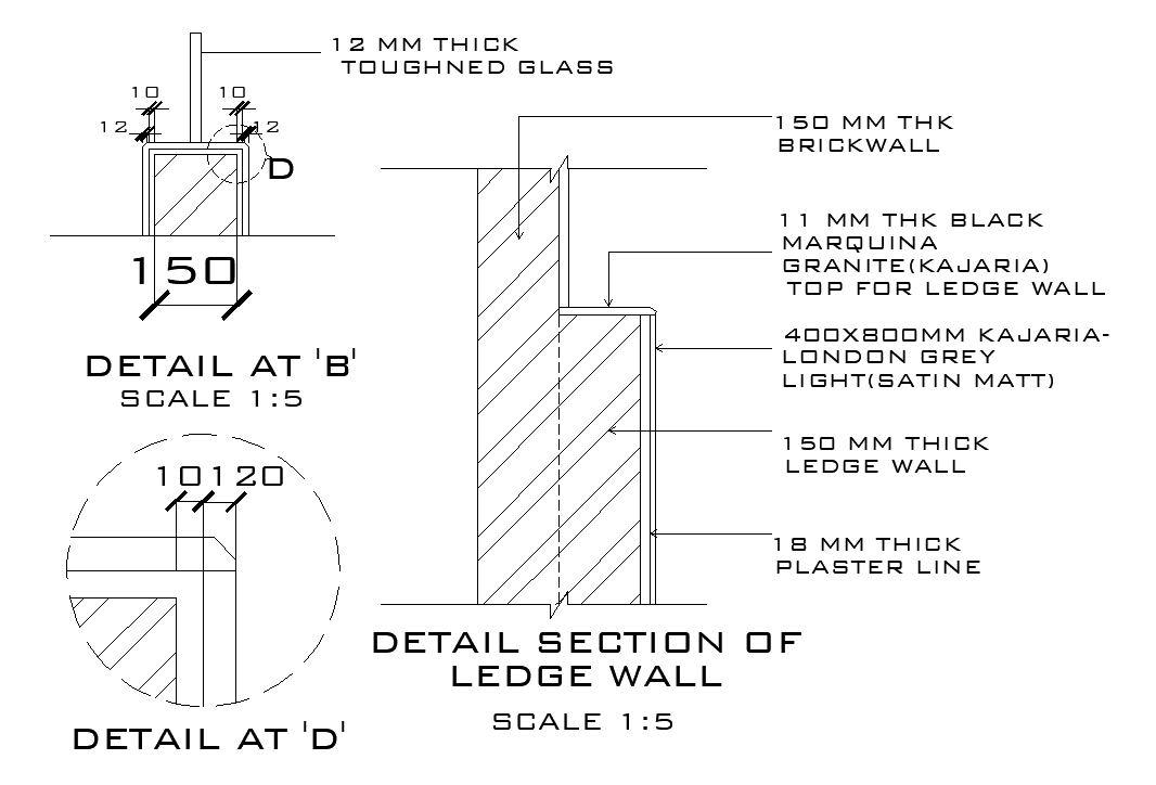 A detail drawing of section view of ledge wall is given in this AutoCAD