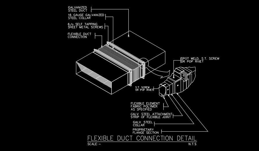 A flexible duct connection detail drawing is given in this AutoCAD file