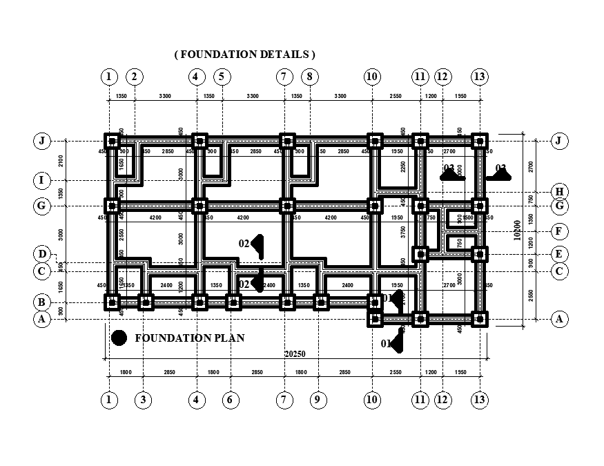 Foundation Layout Of 9x10m House Plan Is Given In This Autocad Drawing Images