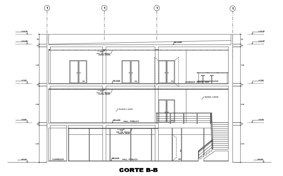 A front section view of 17x35m bank building is given in this Autocad ...