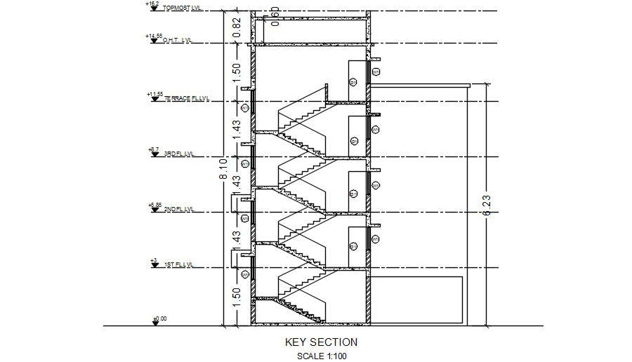 A key section view of the staircase is given in this Autocad drawing ...