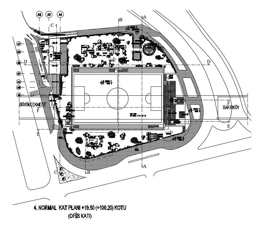 A layout of 171x142m hotel plan of basketball court plan is given in